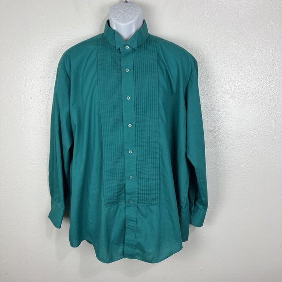 Vintage Chaplin Button Down Shirt Men XL Green Long Sleeve Tuxedo Solid Formal - Picture 14 of 14